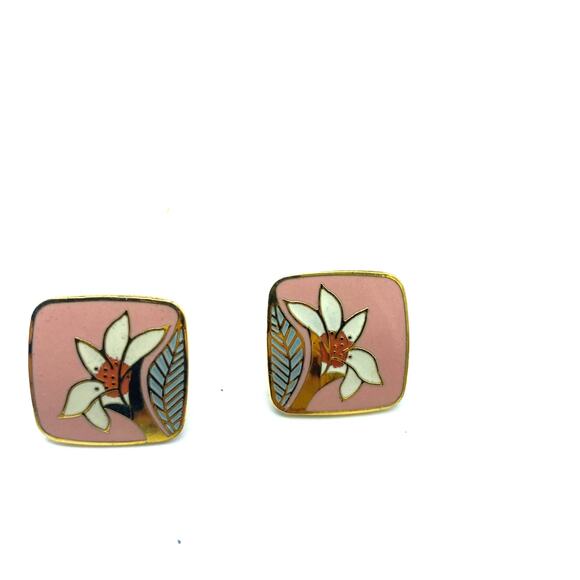 Laurel‎ Burch WILD LILY Pink Square Earrings Cloisonne Post Stud Vintage 80s - Picture 1 of 4